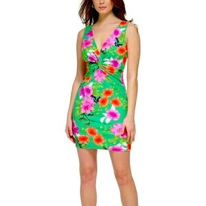 Guess Women's Printed Twist-Front Knit Sheath Dress in green floral